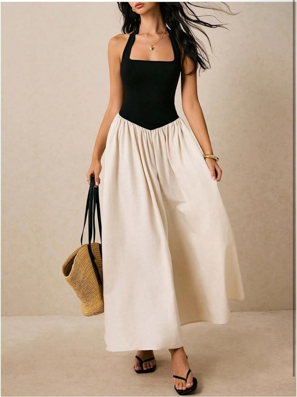 Black & Cream Halter Linen Maxi Dress. NWT. Size Large.